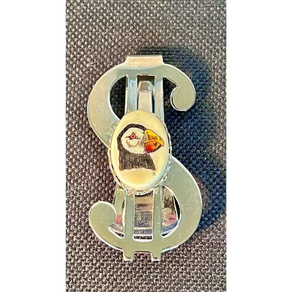 Vintage Dollar Sign $ Money Clip W Bird/Penguin Pendant Silver-Tone Stainless